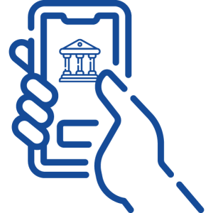 Line image of hand holding a smart phone and tapping an icon of a court building