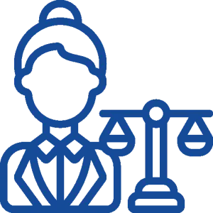 outline of a woman in a suit next to scales of justice